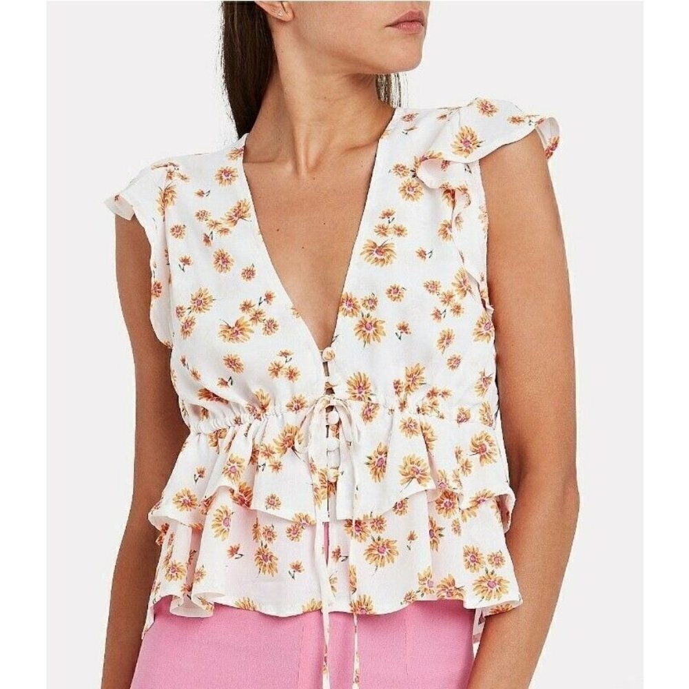 New Flynn Skye Cecilia Blouse Womens M White Yellow Daisy Print Short Sleeve Top